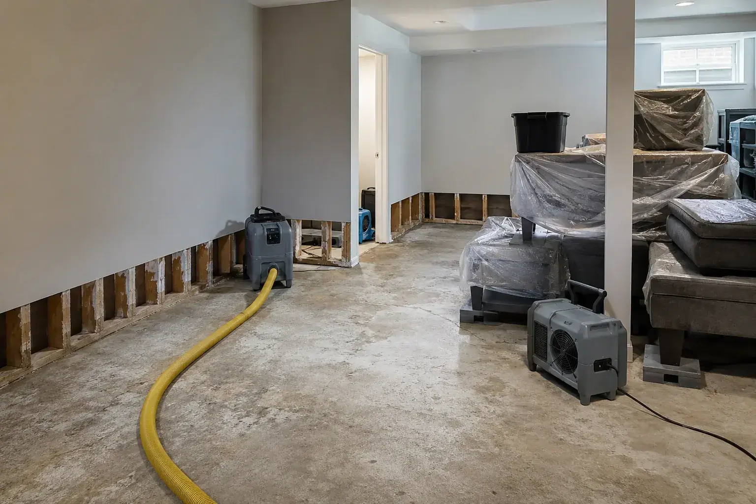 basement flood restoration jobsite equipment and emergency response setup
