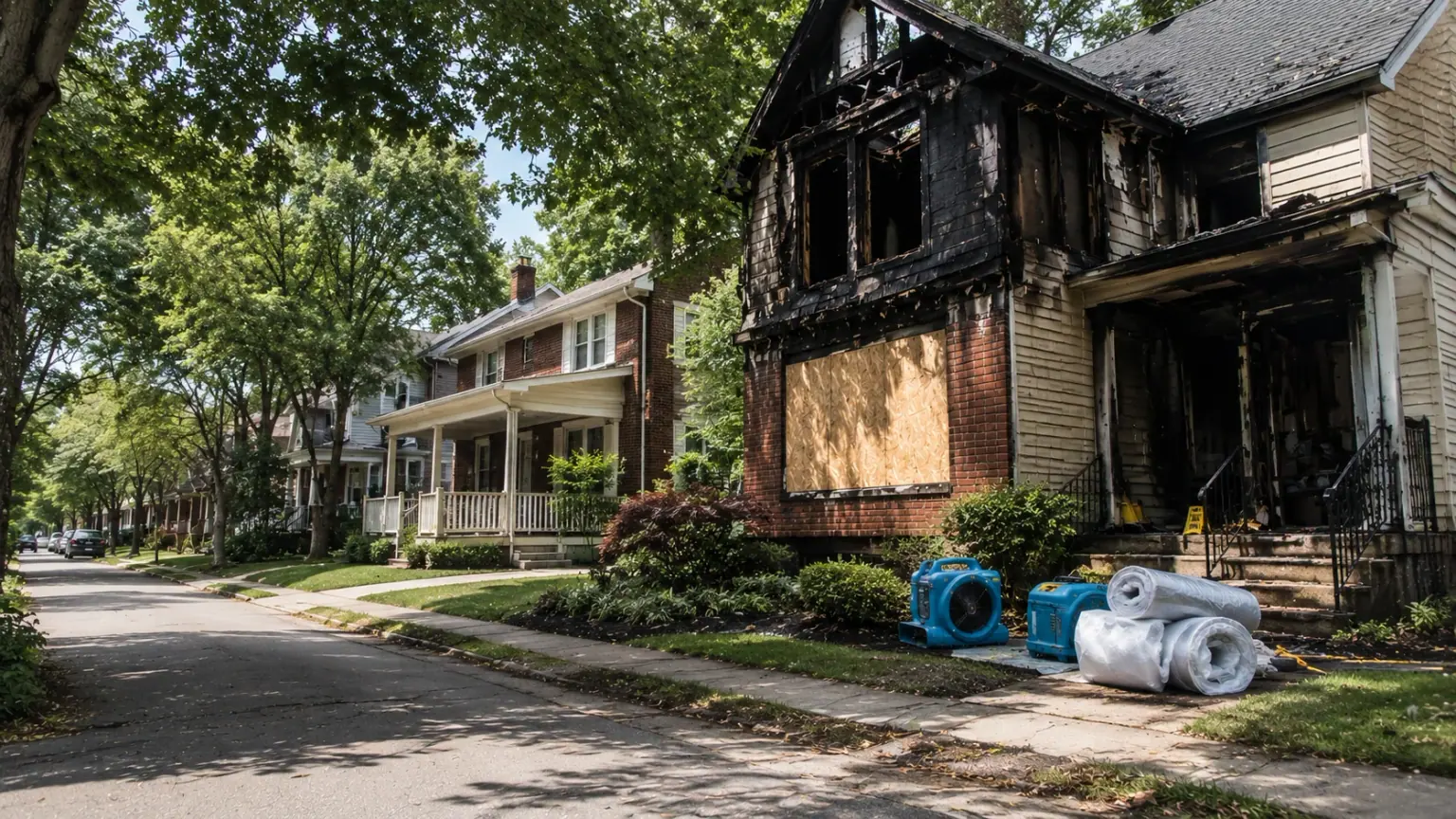 smoke damage restoration jobsite equipment and emergency response setup