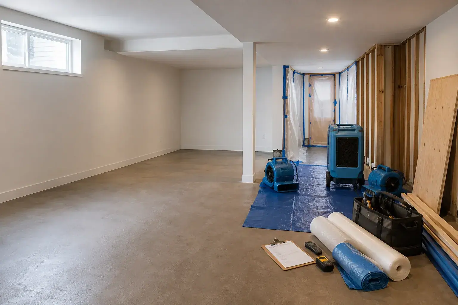 Firstline Restoration emergency restoration equipment in a clean damaged property
