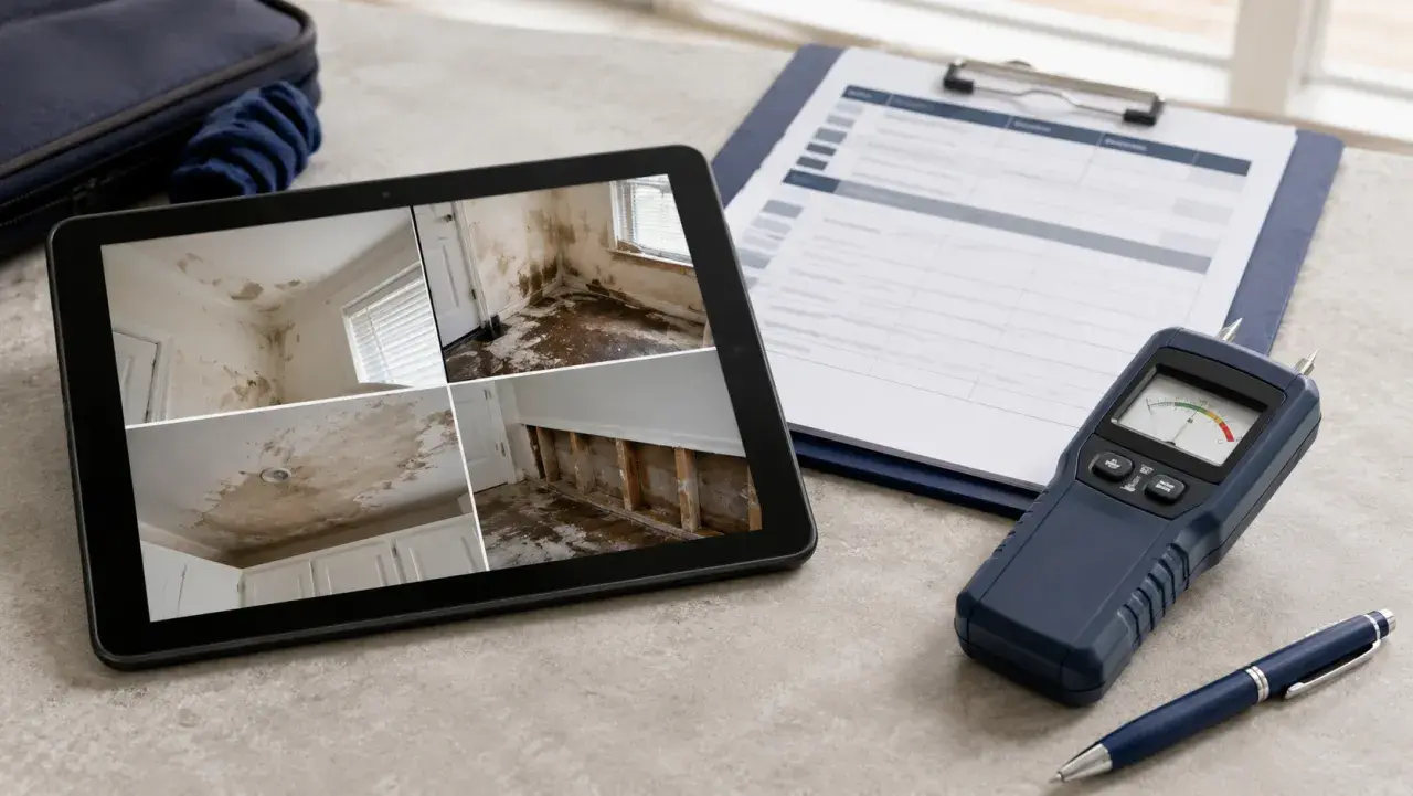 Thorough water-damage documentation with photos and moisture readings