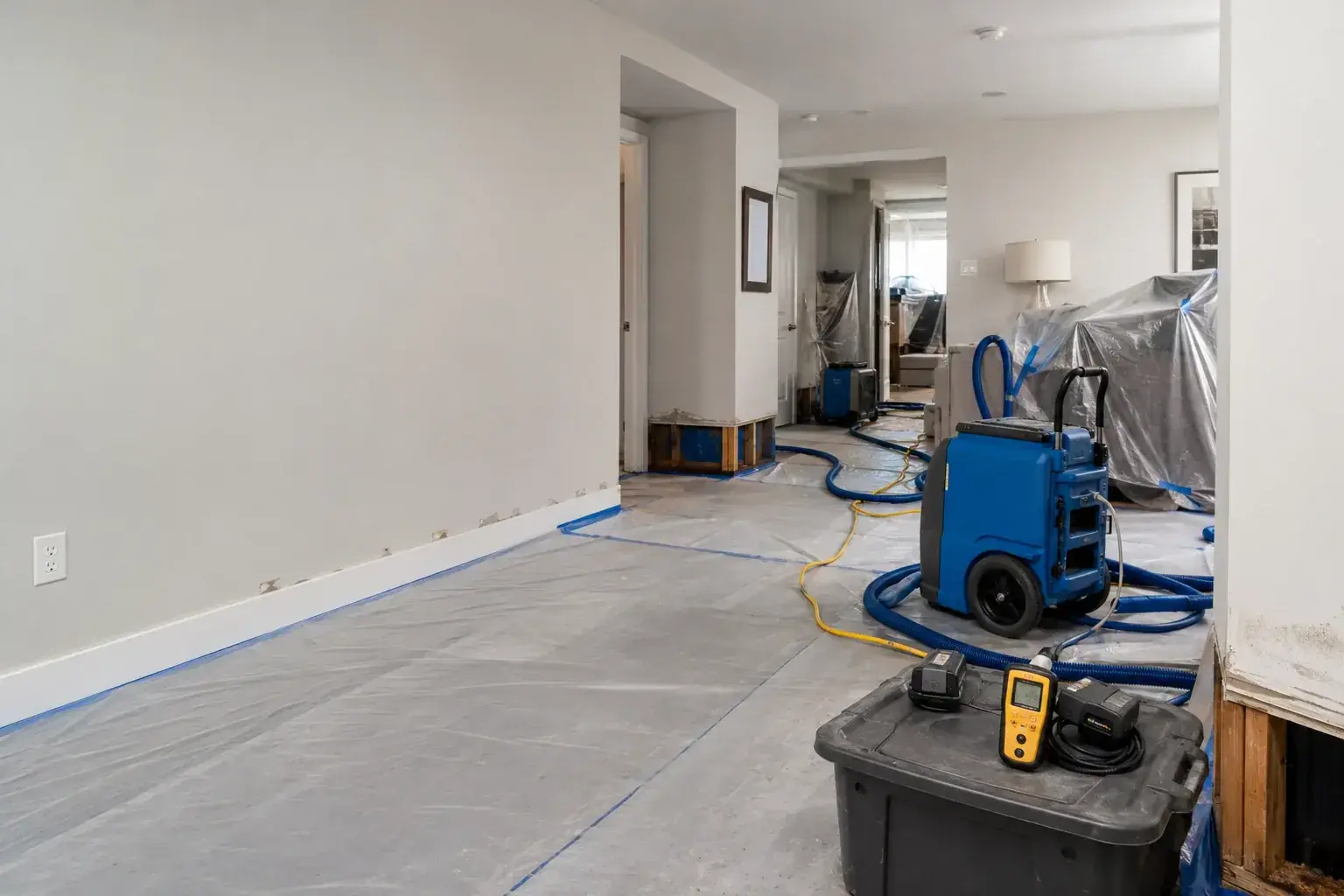 sewage backup restoration jobsite equipment and emergency response setup