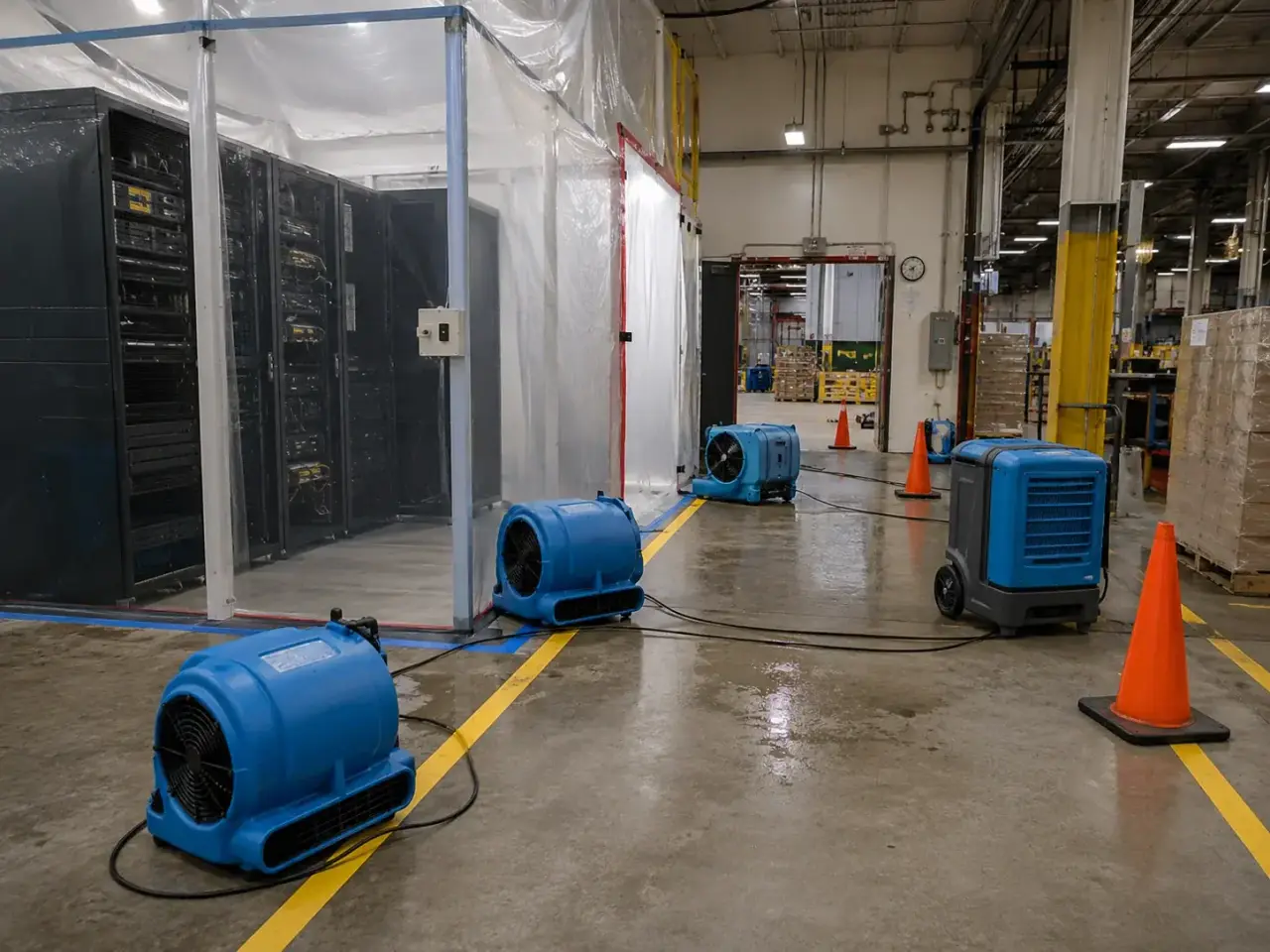 Server Room Water Damage Restoration inspection and documentation